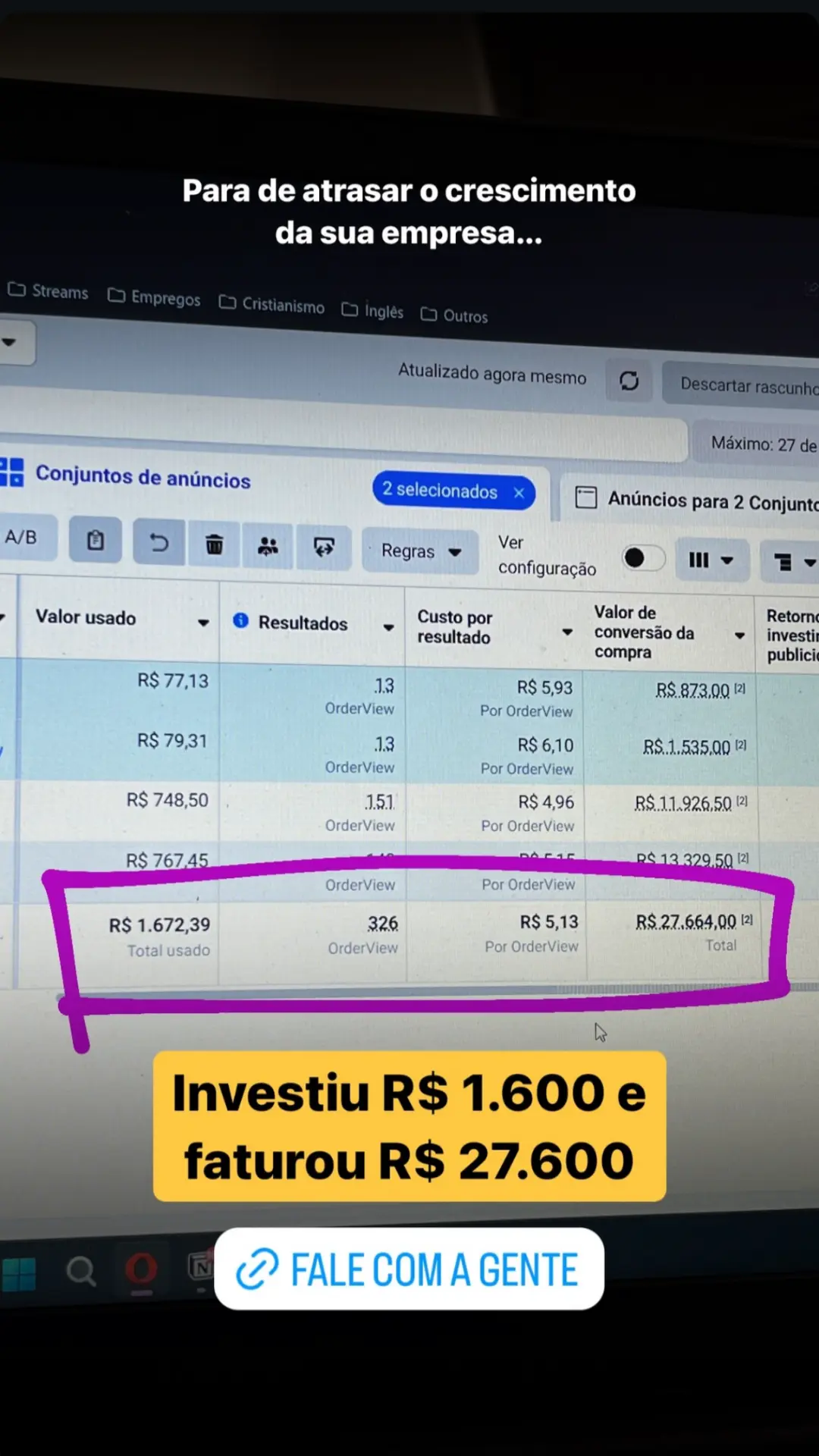 Investiu R$ 1.600 e faturou R$ 27.600 em anúncios